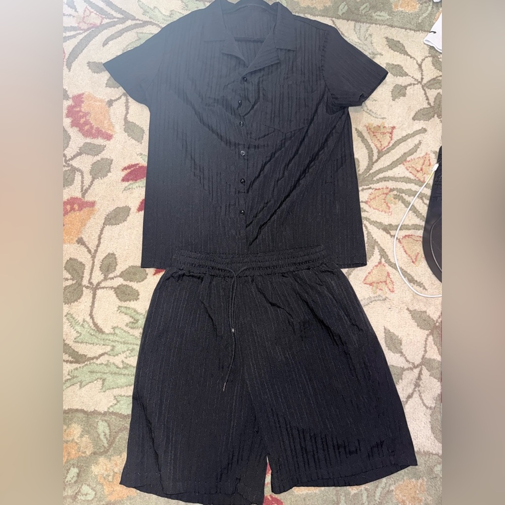 Black Button-Up Shirt and Drawstring Pants Set